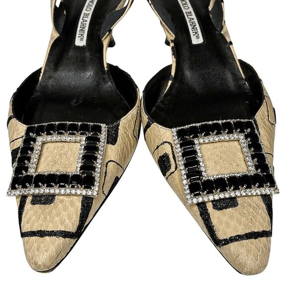 Manolo Blahnik Slingback Snakeskin Heels Black Crystal Buckle Beige Print 39.5 - Picture 4 of 13